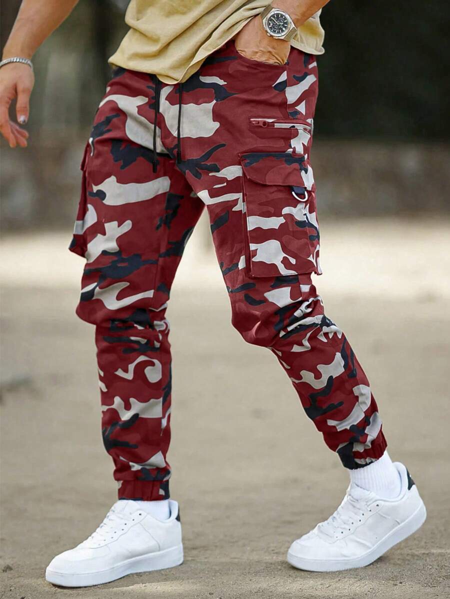Manfinity Homme Men's Camouflage Print Flap Pocket Drawstring Cargo Jogger Pants - Red - View 1