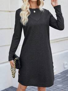 SHEIN LUNE Của phụ nữ Chi tiết Nút Đầm - màu đen - Xem 3