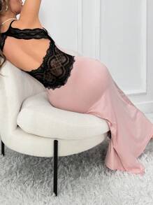 对比色蕾丝露背吊带睡裙睡衣长裙 - 粉色 - 查看 3