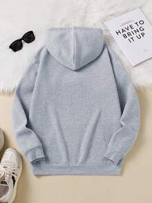 SHEIN EZwear 女式卡通印花连帽运动衫，配有抽绳和保暖内衬 - 淺灰色 - 查看 2
