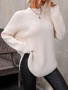 SHEIN LUNE 女款純色立領落肩毛衣 - 杏色 - 查看 4