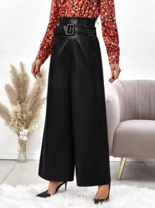 SHEIN Clasi Cao eo Thắt lưng chất liệu da PU Quần ống rộng - màu đen - Xem 3