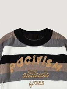 ANDREILEE Men's Striped Letter Embroidery Drawstring Sweater - Black - View 3