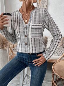 SHEIN Essnce And Linen Check Notch Collar Long-sleeved Shirt - Black and White - View 1