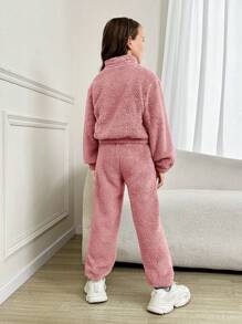 Tween Girl Cool Knitted Solid Color Stand Collar Two-Sided Fleece Half-Open Front Long Sleeve Outfit - Dusty Pink - View 2