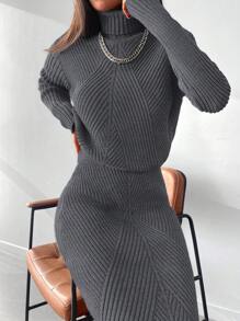 EURMUSE Solid High Neck Sweater & Knit Skirt - Dark Grey - View 2