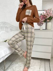 Plaid Long Sleeve Pajama Set - Brown - View 3