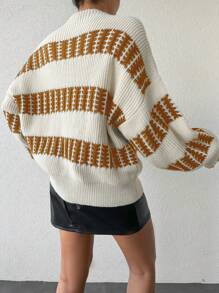 EURMUSE Pull Femme Tricoté À Épaules Tombantes En Blocs De Couleur - Castanho - Ver 2