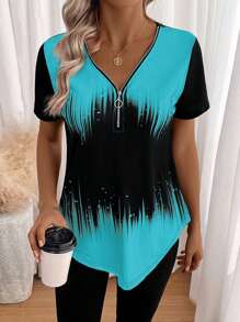 SHEIN LUNE 女士拉鍊領口拼接顏色分區拼接弧形圓擺t恤 - 藍色 - 查看 3