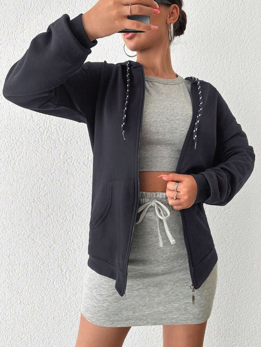 RueChic Women's Hooded Drawstring Sweatshirt Shirt - Dark Grey - View 1
