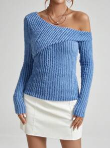 SHEIN Essnce 女修身斜領 T 卹 - 藍色 - 查看 5