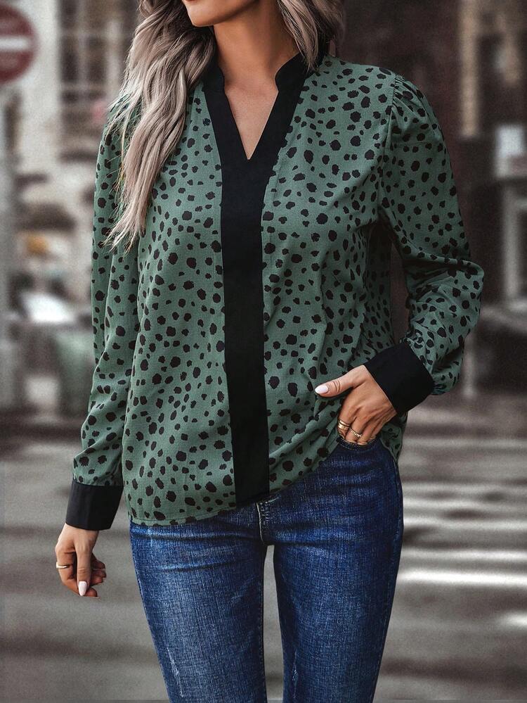 Women's Polka Dot Print Colorblock Shirt With Contrast Trim