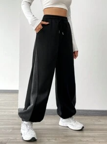 SHEIN Unity 女性綁帶休閒運動長褲,配有對比色飾邊 - 黑色 - 查看 6