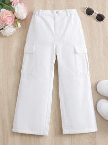 SHEIN Vintaside Kids Young Girl Streetwear, Sweet & Cool Wide Leg Utility Jeans With Large Pockets - White - View 1