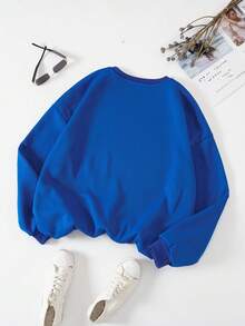 SHEIN EZwear 女款大尺碼字母印花抓絨運動衫 - 寶藍色 - 查看 2