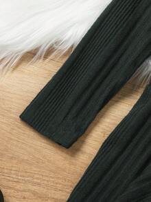 SHEIN 小女孩純色羅紋條紋 A 字連身裙 - 黑色 - 查看 5