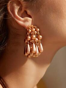SHEIN VCAY 1 par de pendientes únicos de perlas falsas - Marrón - Ver 2