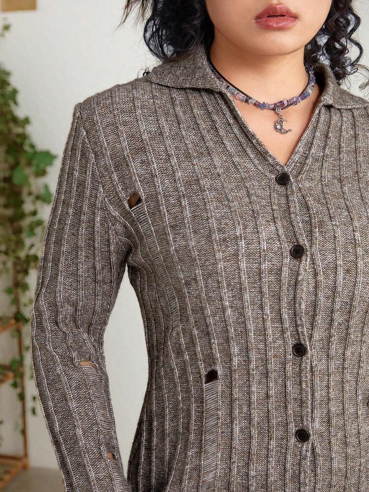 Women's Plus Size Sweater Knit Dress With Front Button Closure And Distressed Details