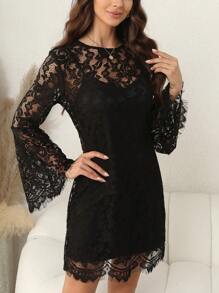 SHEIN Clasi Vestido De Mujer Con Mangas Acampanadas Y Parche De Encaje - Negro - Ver 5