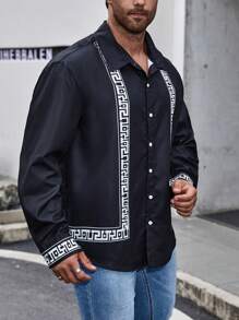 SHEIN Manfinity Homme 男裝大尺寸幾何印花鬆身鈕扣襯衫 - 黑色 - 查看 3