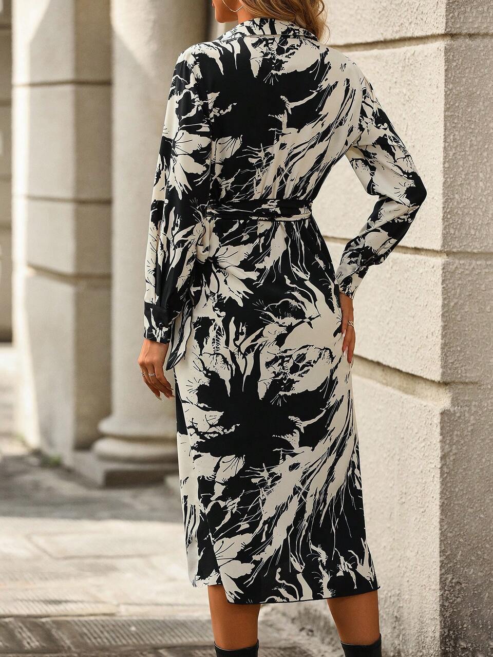 Flower Print Wrapped Ruffle Hem Dress