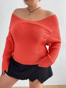 Flirla Plus Size Off-Shoulder Sweater, Pullover Knit Pullover Fall Winter Sweater - Coral Orange - View 3