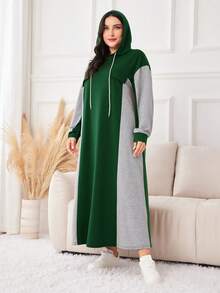 Mulvari Plus Size Women's Colorblock Hooded Drawstring Sweatshirt Dress - Multicolor - View 3
