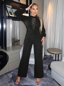 SHEIN Unity 鏈條肩帶束腰連身裝 - 黑色 - 查看 1