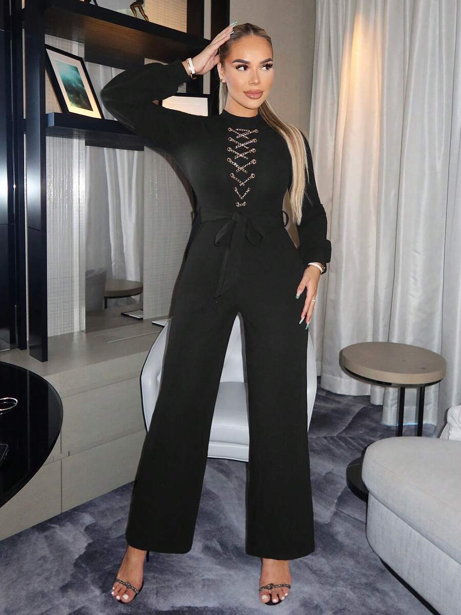 SHEIN Unity 鏈條肩帶束腰連身裝 - 黑色 - 查看 1