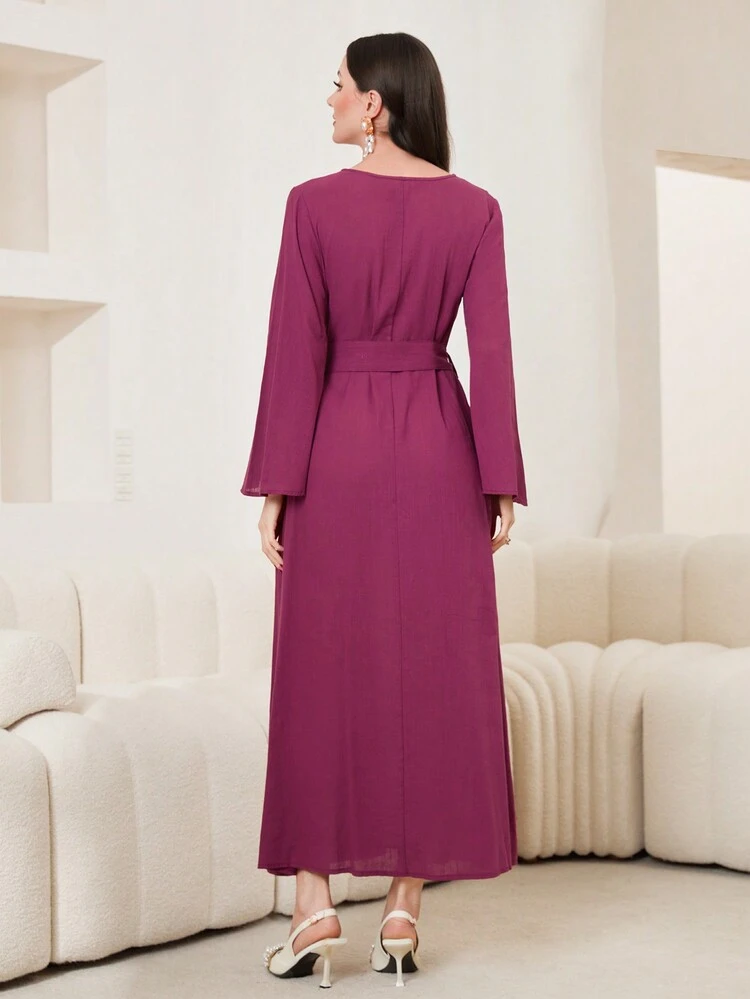 Solid Color Flared Sleeve Dress With Waist Belt
