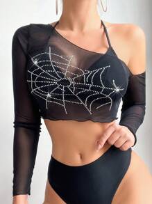 SHEIN Swim 女式黑色不对称网眼罩衫，带水钻细节，夏季 - 黑色 - 查看 4