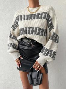EURMUSE Women's Color Block Drop Shoulder Sweater - Grey - View 3