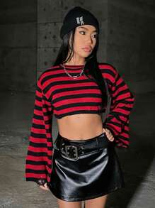 Muchica Casual Striped Flared Sleeve Cropped Sweater, Autumn
