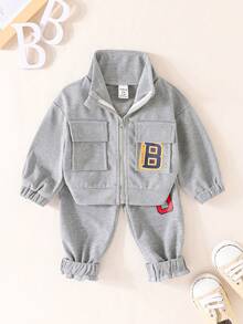 Em bé Cô gái Mùa Thu Túi lớn Lá thư In Áo nỉ Và Quần thể thao - Xám - Xem 7