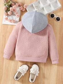 SHEIN 幼兒女童格式毛絨帽夾克,對比色及毛茸茸效果 - 彩色 - 查看 2