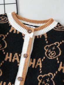 SHEIN Cárdigan Color Block Con Estampado De Letras Y Estampado De Oso Para Niño Pequeño Con Ribete De Canalé