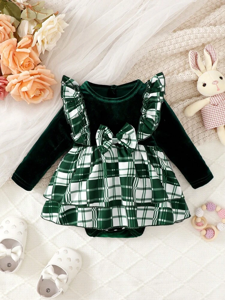 Baby Girl's Fashionable And Cute Grid Digital Print Splicing Sweatshirt Dress For Spring And Autumn