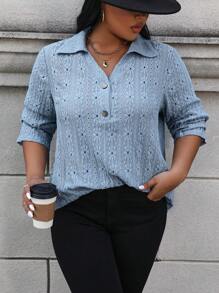 Calvaya Women's Plus Size Mesh Embroidery Button Half Placket Shirt