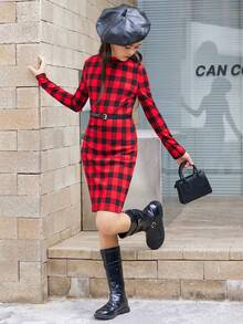 SHEIN 女童學院格紋立領長袖及膝裙
