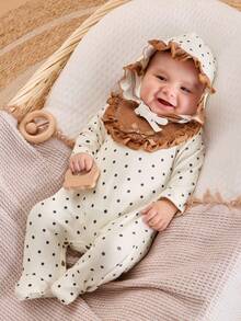 Baby Girl Heart Print Ruffle Trim Sleep Jumpsuit With Hat - Apricot - View 6