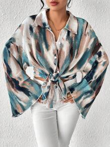 SHEIN Unity 女士春夏时尚假日办公室通勤扎染喇叭袖褶皱衬衫（不含腰带）、长袖衬衫 - 彩色 - 查看 4