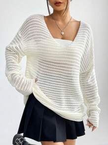 SHEIN Unity Drop Shoulder Pointelle Knit Pullover Fall Winter Sweater - Beige - View 3