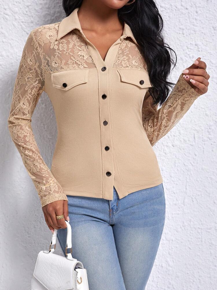 Women'S Lace Patchwork Turn Down Collar Button Up Top With Flap Detail