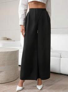 SHEIN Privé Women's High Waisted Wide Leg Pants - Khaki - View 3