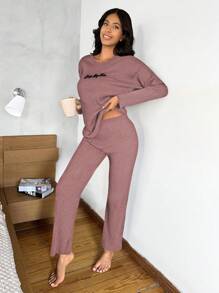 EURMUSE Letter Graphic Rib-Knit Lounge Set - Dusty Pink - View 3