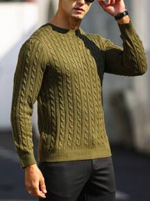 Manfinity Mode Men Solid Cable Knit Sweater Round Neck Long Sleeve Plain Green Vacation Fashion Sweater, Fall/Winter