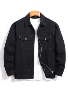 Manfinity Homme Men's Loose Fit Denim Jacket With Flip-Cuffs And Zippered Pockets - Black - View 1