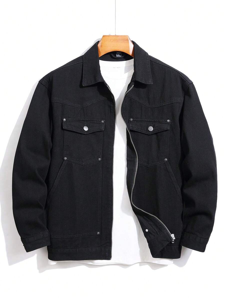 Manfinity Homme Men's Loose Fit Denim Jacket With Flip-Cuffs And Zippered Pockets - Black - View 1