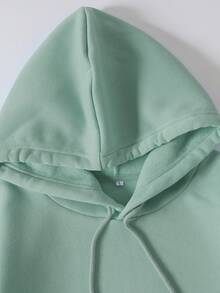 SHEIN EZwear 字母圖案袋鼠口袋抽繩保暖連帽衫 - 綠色 - 查看 4