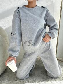 RueChic Women's Grey Round Neck Sweatshirt And Sweatpants Set - Grey - View 5